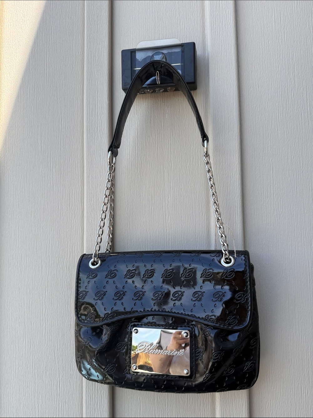 Blumarine Small Black Patent Shoulder Bag with Silver Chain
